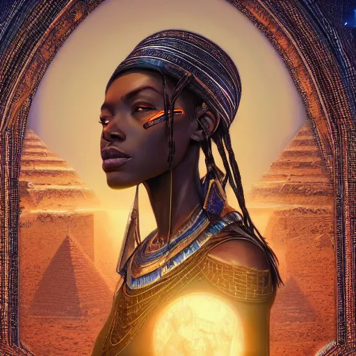 Image similar to highly detailed portrait of an african egyptian goddess, intricate alien technology, stephen bliss, unreal engine, fantasy art by greg rutkowski, loish, rhads, ferdinand knab, makoto shinkai and lois van baarle, ilya kuvshinov, rossdraws, tom bagshaw, global illumination, radiant light, detailed and intricate environment