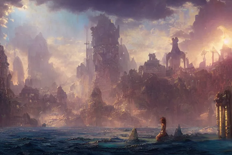 Prompt: a beautiful painting of the lost and abandoned city of Atlantic under water, ray of sunlight, mermaids in distance, Greg Rutkowski, Moebius, Mohrbacher, Mucha, blue and gold color scheme, ultra wide angle, ultra detailed