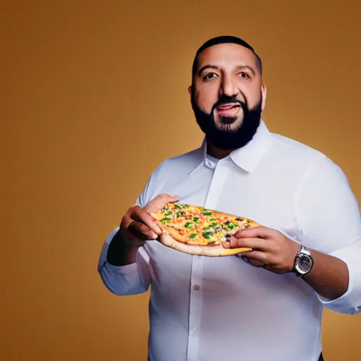 Prompt: studio portrait of DJ khaled holding a slice of pizza in his mouth holding ice cream