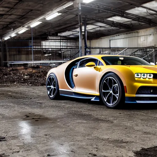 Image similar to an abandoned, derelict, rusty bugatti chiron in a dirty warehouse