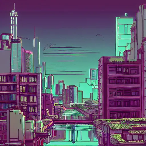 Prompt: synthwave urban grunge cityscape, studio ghibli style