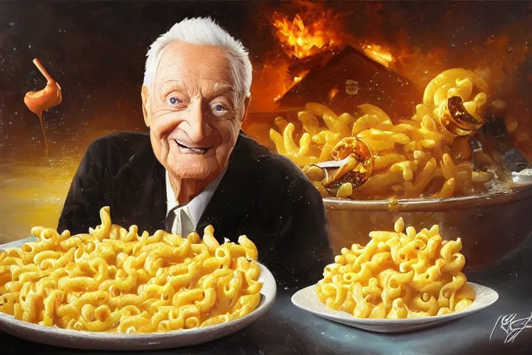 Prompt: portrait of bob barker swimming in a pool of mac and cheese, an oil painting by ross tran and thomas kincade