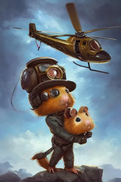 Image similar to cute little anthropomorphic Guinea Pig Piloting a helicopter , tiny, small, short, Pilot outfit, cute and adorable, pretty, beautiful, DnD character art portrait, matte fantasy painting, DeviantArt Artstation, by Jason Felix by Steve Argyle by Tyler Jacobson by Peter Mohrbacher, cinematic lighting