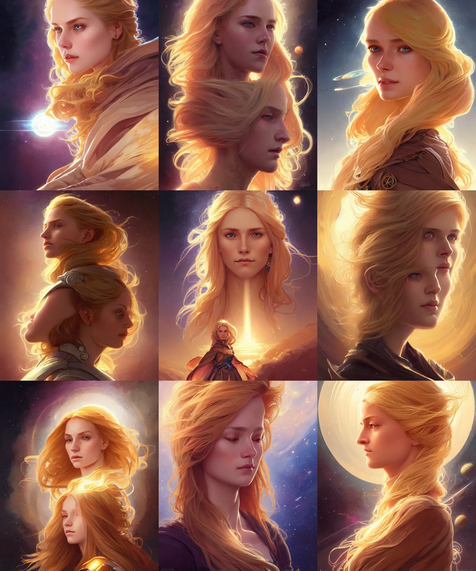 Prompt: portrait of a gallent golden haired girl with open third eye spiritual art, third eye, attractive sci - fi face, space background, elegant, highly detailed, digital painting, artstation, concept art, smooth, sharp focus, illustration, art by artgerm and greg rutkowski and alphonse mucha
