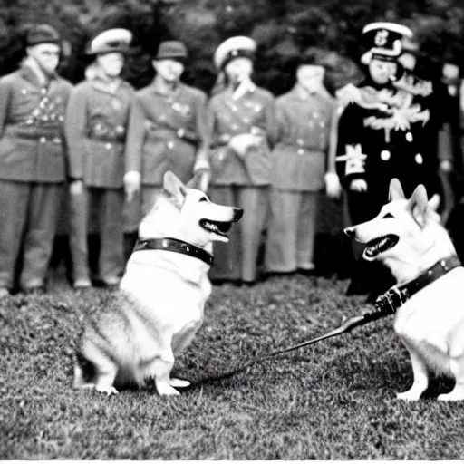 Image similar to historical photo of queen elizabeth and her corgis defeating hitler in hand to hand combat, natural sunlight, sharp focus, highly detailed, depth of field