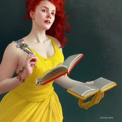 Image similar to a smiling beautiful woman with red hair in a bun wearing a yellow dress and reading a book, masterpiece, intricate, elegant, highly detailed, digital painting, artstation, concept art, smooth, sharp focus, illustration, art by artgerm and greg rutkowski and alphonse mucha and uang guangjian and gil elvgren and sachin teng, symmetry!!