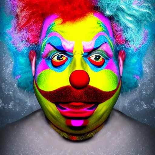 Image similar to UHD photorealistic Cosmic Einstein wearing a clown costume with real clown makeup in the style of tonalism