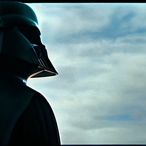 Image similar to an over the shoulder point of view of Darth Vader looking at the space,