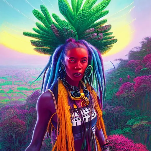 Prompt: an exotic african cyberpunk woman with colorful dreadlocks sitting on a cliff overlooking a field of colorful flowers with a giant glowing baobab tree in the middle, it is sunset, by greg rutkowski and android jones and Alena Aenami in a surreal cyberpunk! style, oil on canvas, highly detailed face, 8k hd,