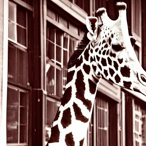 Image similar to foreground, giraffe girl. she has a very long neck and is fluffy. wool. beautiful attire. she looks in the windows. on the 3 rd floor. hyper - realistic photo. fantasy