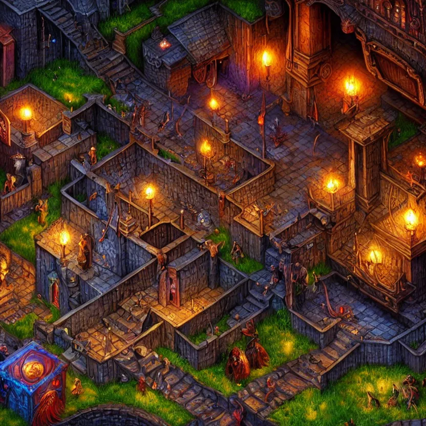 Prompt: closeup on the isometric game area of a vibrant village from baldur's gate 2, game art, intricate details, ultra realistic, by art germ, by gerald brom, dynamic lighting, ambient lighting, fantasypunk, amazing d & d art, photorealistic fantasy concept art, trending cgsociety, artstation, ultra detailed