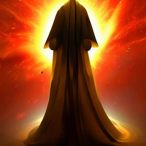 Prompt: award - winning. trending on artstation. 4 k. expressive. a figure wearing layered yellow robes while a black hole floats in space behind them. dark background. in the style of victor antonov