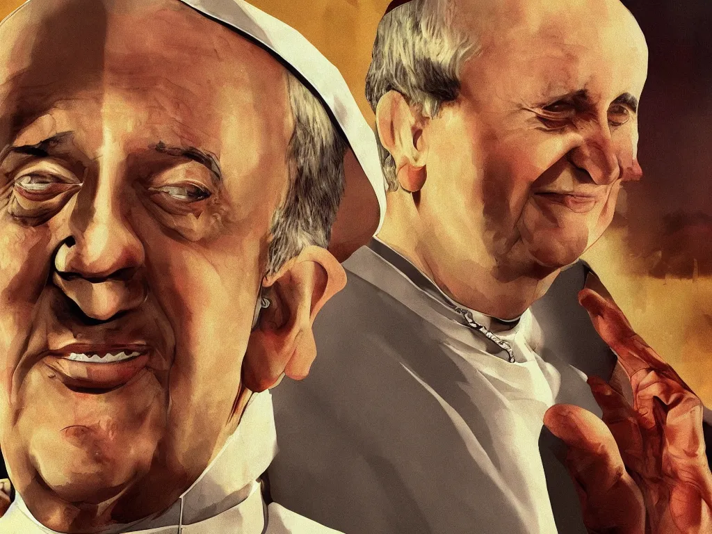 Prompt: pope francis digital art as the loading screen of GTA V, grand theft auto, golden hour lighting, graphic art, highly detailed