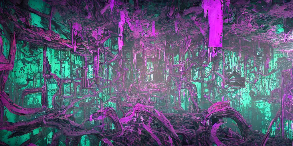 Image similar to ruination, infiltration ruination, deprivation outright annexation, landscape, intricate complexity, horror, rainbow drip paint, psychedelic glitch art, trending on art station, photoreal, 8 k, octane render