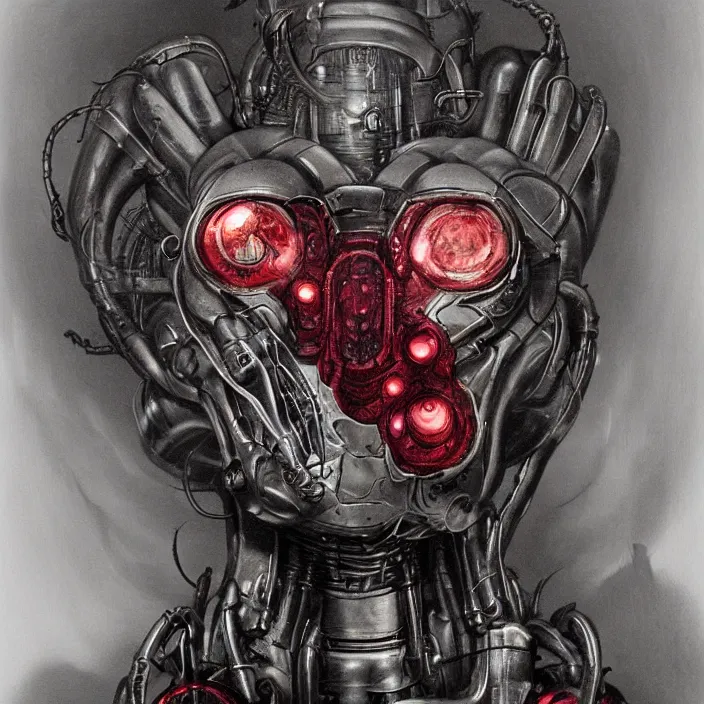 Image similar to in the art style of h. r. giger a portrait of a ruby ultron from age of ultron, clockwork steampunk, head and chest only, by beksinski, 4 k, deviantart, trending on artstation