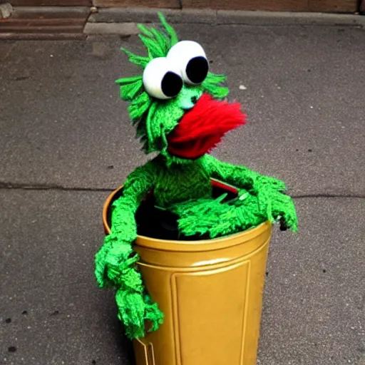 Prompt: oscar the grouch sesame street in a gold garbage can, yarn art