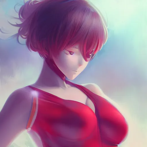 Image similar to full body character design of a beautiful anime girl in a red tight suit, elegant, highly detailed, digital painting, artstation, smooth, soft focus, art by WLOP and asanagi