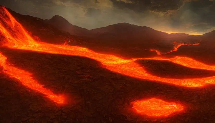 Image similar to a volcanic landscape, golden flowing lava, cinematic lighting, behance hd, trending on artstation, global illumination, radiating, a glowing aura, ray tracing, hdr, matte painting