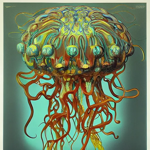 Image similar to weird jellyfish by jeff koons, m. c. escher, zdzisław beksinski, beeple, rutkowski, and alphonse mucha, chihuly