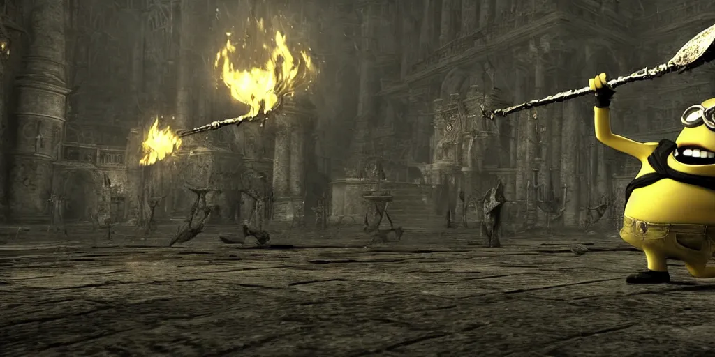 Image similar to minion as a darksouls boss, horror, hd, screenshot,