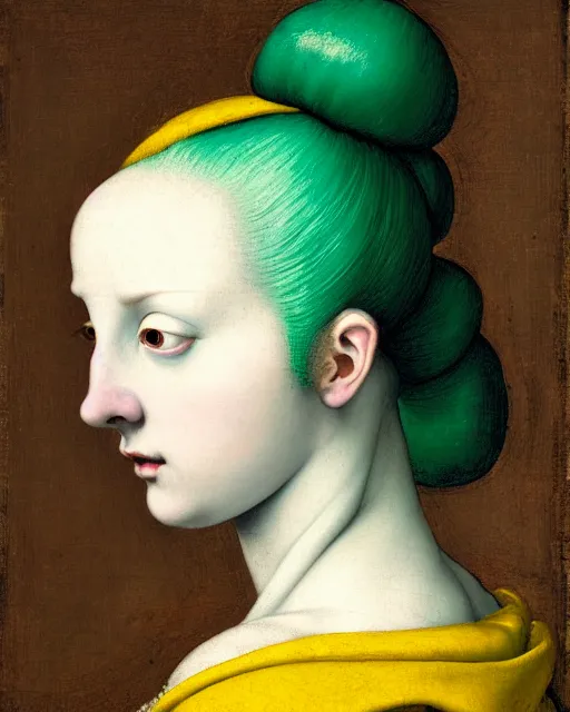 Prompt: portrait of a pale curvy woman with green blue hair buns, wearing a yellow hoodie, standing in a botanical garden, intricate details, high detail, in a high renaissance style, in the style of jacopo da pontormo, by mark ryden, punk, asian art,