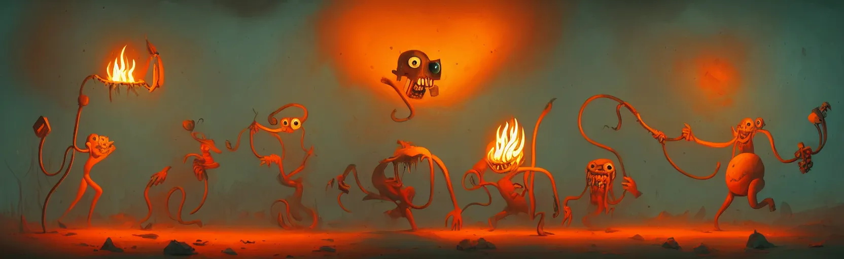 Image similar to uncanny whimsical savage mutants from the depths of a vast wasteland in the collective unconscious, dramatic lighting from fiery torches, surreal fleischer cartoon characters, shallow dof, surreal painting by ronny khalil