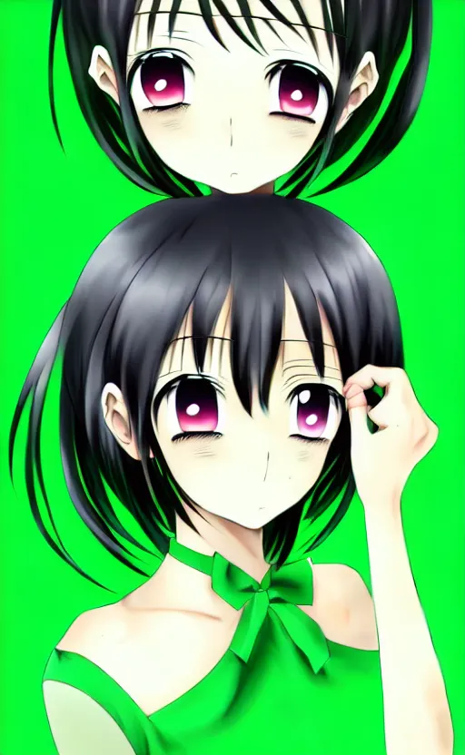 Image similar to anime girl with a detailed face and black hair in a green outfit, full body, trending, low angle, worms eye view, illustration,