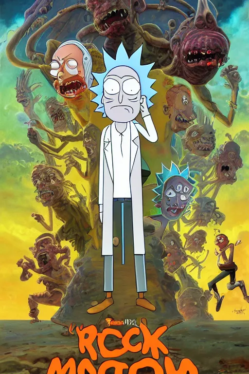 Prompt: Movie poster of Rick and Morty, Highly Detailed, Dramatic, eye-catching, A masterpiece of storytelling, by frank frazetta, ilya repin, 8k, hd, high resolution print