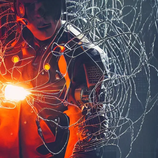 Image similar to cyborg with gatlinger gun hands, tangles of metallic cables, dark messy smoke - filled cluttered workshop, dark, dramatic lighting, orange tint, sparks, plasma charges, cinematic, highly detailed, sci - fi, futuristic, movie still