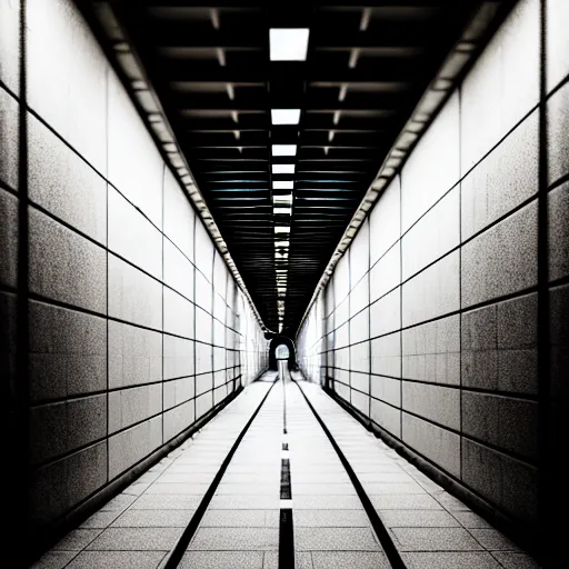 Image similar to The wide hallways in a futuristic prison underground, brutalist liminal architecture, sigma 85mm f/1.4, 4k, depth of field, high resolution, 4k, 8k, hd, full color