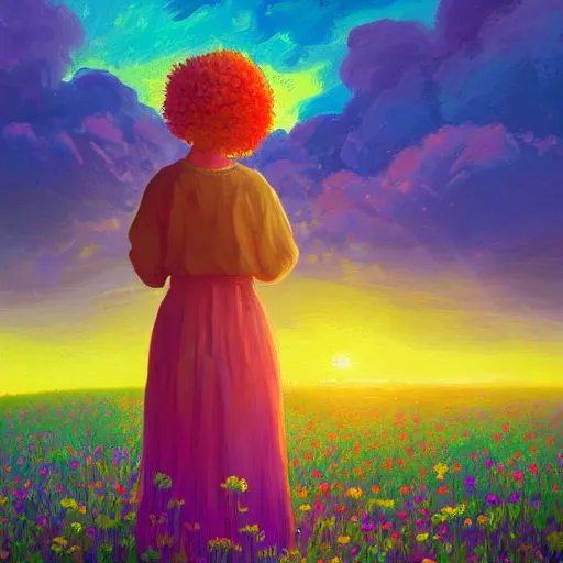 Image similar to girl with giant flower as a face and flower dress, standing in a flower field hills, big trees, sunrise dramatic light, impressionist painting, colorful clouds, digital painting, pointillism, artstation, simon stalenhag