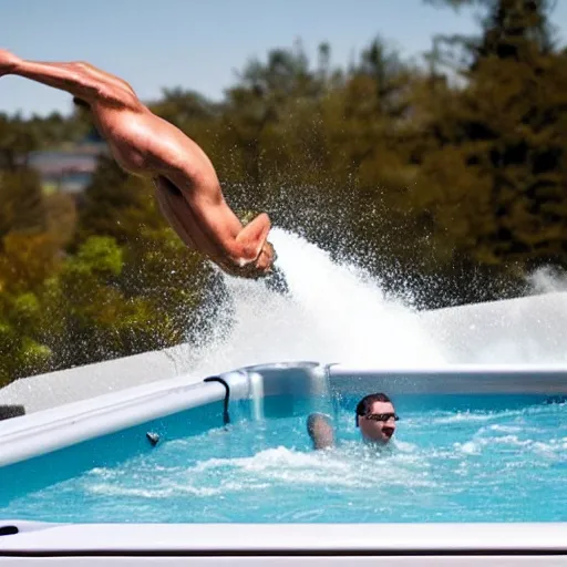 Image similar to a man diving from a 1 0 0 m diving board into a hot tub