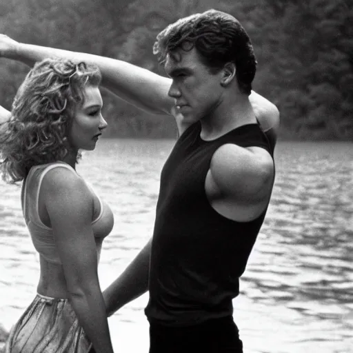 Image similar to dirty dancing poster with closeup portrait of young arnold schwarzenegger dancing with jennifer lawrence in the rain, 5 0 mm cinema shot, beautiful light, best lense, 9 0 s romantic movie, 4 k