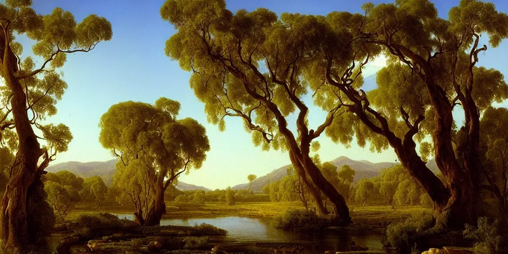 Image similar to landscape painting of a old blue gum tree next to a meandering river by alexei savrasov and thomas cole, artstation