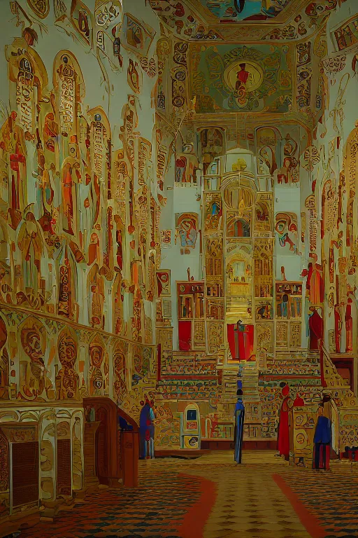 Image similar to scene from wes anderson orthodox cathedral building by helen lundeberg