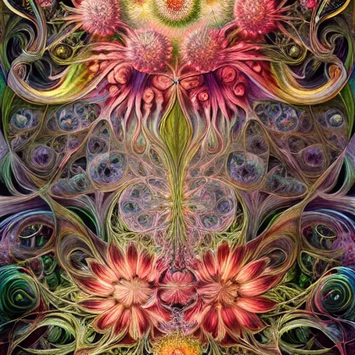 Prompt: an ultra hd detailed painting of many different types of flowers by Android Jones, Earnst Haeckel, James Jean. behance contest winner, generative art, Baroque, intricate patterns, fractalism