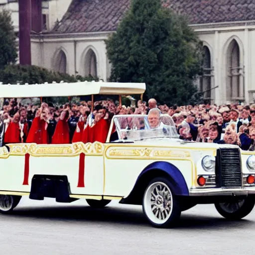 Image similar to a high-quality photo of john paul II doing a sick drift in his popemobile