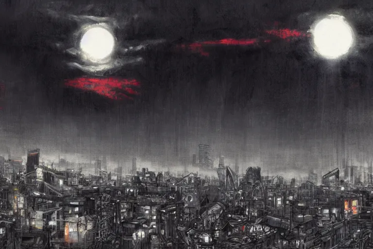 Prompt: concept art, landscape of tokyo, rising black sun, dystopia, paint style, high detail