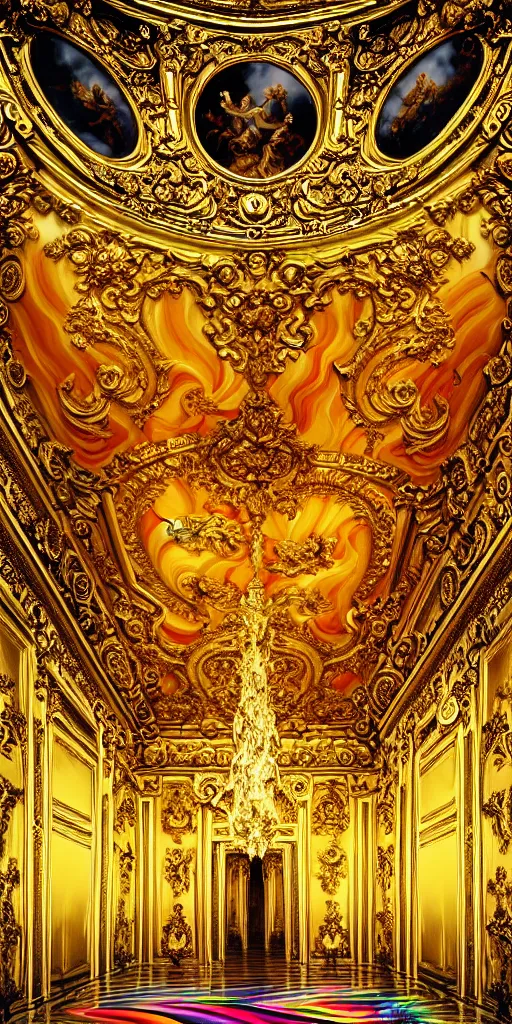 Image similar to the source of future growth dramatic, elaborate emotive Baroque and Rococo styles to emphasise beauty as a transcendental, seamless pattern, symmetrical, large motifs, rainbow liquid splashing and flowing, Queen Catherine's palace, St. Petersberg, Amber room 8k image, supersharp, spirals and swirls in rococo style, medallions, iridescent black and rainbow colors with gold accents, perfect symmetry, High Definition, sci-fi, Octane render in Maya and Houdini, light, shadows, reflections, photorealistic, masterpiece, smooth gradients, high contrast, 3D, no blur, sharp focus, photorealistic, insanely detailed and intricate, cinematic lighting, Octane render, epic scene, 8K