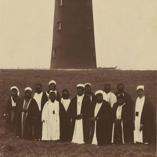 Prompt: worshippers in the 1800s dressed in robes belonging to the cult of the lighthouse. a massive lighthouse built in the middle of nowhere. 1800s photo.