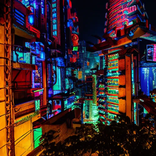 Prompt: night shot of a cyberpunk chinese mayan mayan mayan city