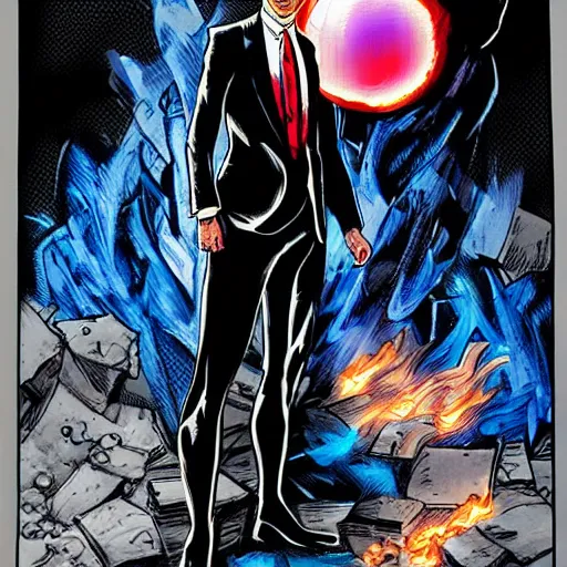 Prompt: a man in a blue suit standing in front of a fire ball, a comic book panel by jim lee, featured on deviantart, rayonism, dc comics, apocalypse art, parallax