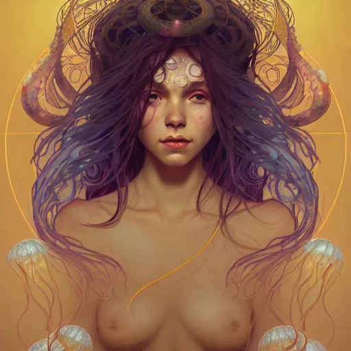 Image similar to Portrait of a girl underwater surrounded by jellyfish, face, fantasy, intricate, elegant, highly detailed, digital painting, artstation, concept art, smooth, sharp focus, illustration, art by Fernanda Suarez and Artem Demura and alphonse mucha