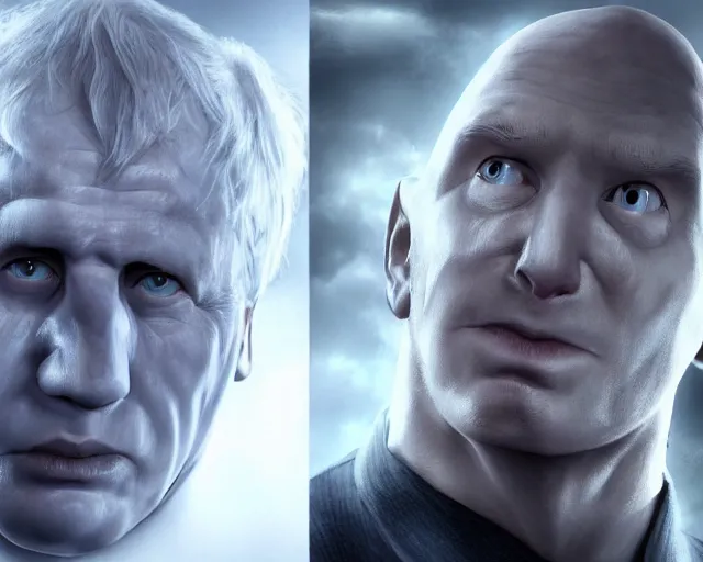 Image similar to boris johnson vs voldemort, character art, by various concept artists, redshift render, hyperrealistic face, photorealistic render