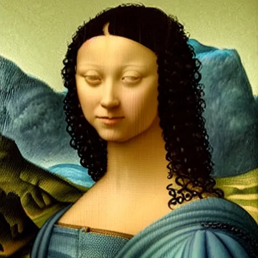 Image similar to young woman from the year 1 5 0 0, seated in front of a landscape background, her black hair is curly, she wears a dark green dress pleated in the front with yellow sleeves, puts her right hand on her left hand, and smiles slightly, oil painting in style of leonardo da vinci