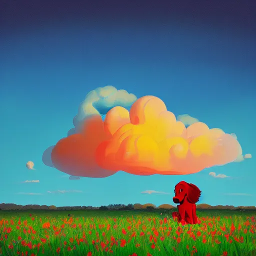 Image similar to a clifford the big red dog, surreal photography, flower field, sunset on a summer day light, impressionist painting, colorful clouds, blue sky, digital painting, artstation, simon stalenhag