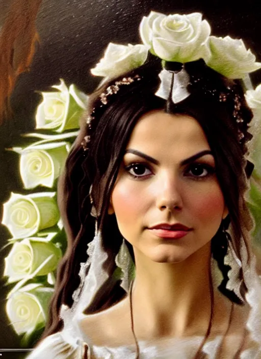 Image similar to film still from an Italian historical Western film of a Victoria Justice as the goddess of white roses . ultra detailed painting at 16K resolution and amazingly epic visuals. epically beautiful image. amazing effect, image looks gorgeously crisp as far as it's visual fidelity goes, absolutely outstanding. vivid clarity. ultra. iridescent. mind-breaking. mega-beautiful pencil shadowing. beautiful face. Ultra High Definition. godly shading. amazingly crisp sharpness. photorealistic film cel processed twice..