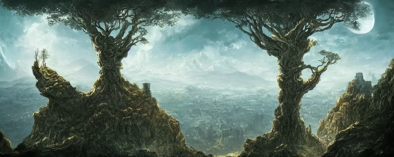 Image similar to gigantic tree on a cliff with ancient city below, above is astral world by quentin mabille