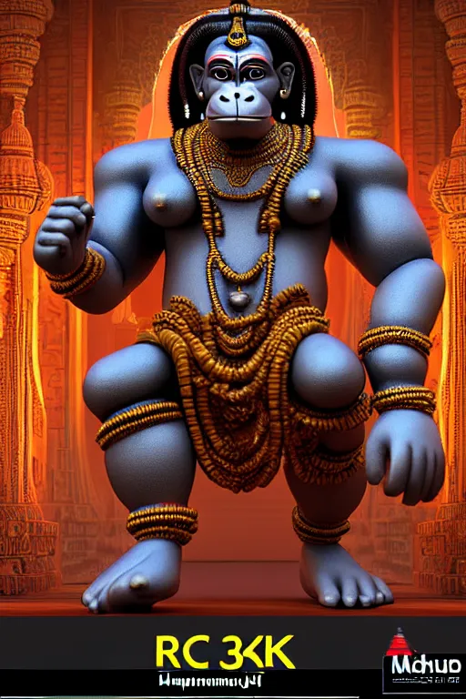 Image similar to high quality 3 d render post - rococo cyberpunk hanuman! head shri ram centre, madhubani, highly detailed, morning in sci - fi new delhi, cinematic smooth unreal engine, lee madgwick & liam wong, dramatic light, long shot, low angle, uhd 8 k, sharp focus