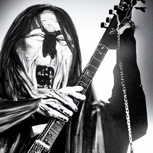 Image similar to the grim reaper playing live with Black Sabbath, live on stage, photorealism,